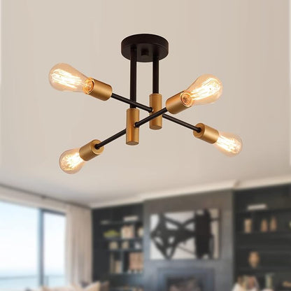 MEIXISUE Black and Gold Modern Sputnik Chandelier Ceiling Light Fixtures,4-Lights Mid Century Industrial Metal Semi Flush Mount Ceiling Lights for Bedroom Kitchen Hallway Entryway Office UL Listed