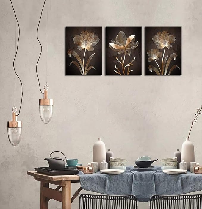 arteWOODS Abstract Wall Art Brown Flowers Canvas Pictures Contemporary Minimalism Abstract Flower Artwork for Bedroom Bathroom Living Room Wall Decor 12" x 16" x 3 Pieces