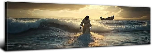 Jesus Walking on Water Wall Art Christian Picture Wall Decor for Living Room Bedroom Vintage Christ Religion Poster Canvas Prints Abstract Sunset Ocean Panoramic Painting Artwork Home Decorations 14x48”