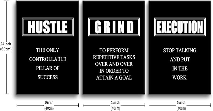 Motivational Wall Art Hustle Grind Execution Poster 3 Pieces Canvas Print Inspirational Quotes Decor Painting Framed for Office Home Living Room Decoration Ready to Hang [48''W x 24''H]