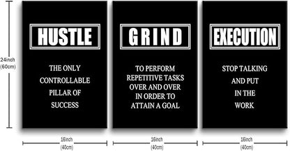 Motivational Wall Art Hustle Grind Execution Poster 3 Pieces Canvas Print Inspirational Quotes Decor Painting Framed for Office Home Living Room Decoration Ready to Hang [48''W x 24''H]