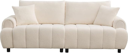 88 "Modern Boucle Sofa Couch, Oversized Comfy 3 Seater Sherpa Curved Sofas Deep Seat, Upholstered Loveseat Teddy Round Arm Couches for Living Room, Bedroom, Beige