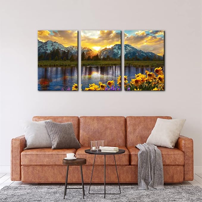 3 Pieces Mountain Canvas Wall Art for Living Room Nature Landscape Picture Sunflower Wall Decor for Bedroom Home Decoration Sunrise Grand Teton National Park Painting Framed Artwork - 16"x24"x3 Panels