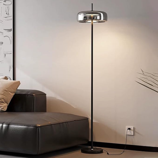 MIXL-Smoky Grey Floor Lamp with Glass Shade,Dimmable Floor Reading Lamp,Mid Century Modern Standing Lamp for Bedroom Living Room and Office