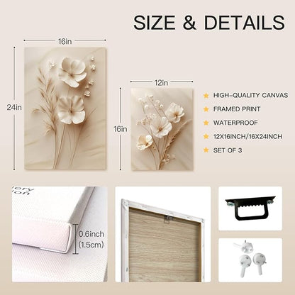 GELDSTEI Neutral Simple Beige Floral Canvas Wall Art, Modern Minimalist Botanical Wall Decor, Vintage Beige Flower Poster Prints for Living Room Bedroom Farmhouse Framed Set of 3, Each 16x24 Inch