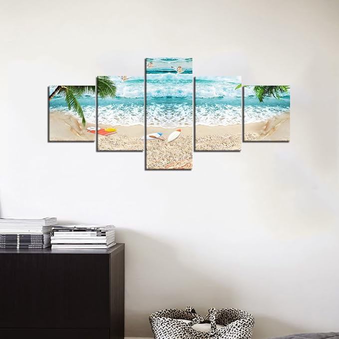 Surfing Waves Beach Picture Paintings Canvas Wall Art for Living Room Bedroom Home Decor Modern Seascape Landscape 5 Panels Framed Stretched Gallery Wrap Giclee Prints and Posters (50''W x 24''H)