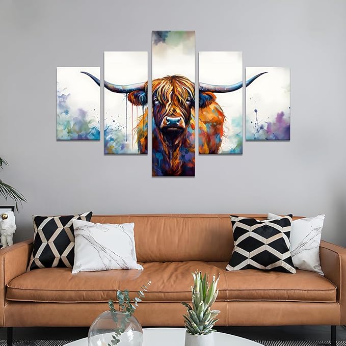 Yatsen Bridge Graffiti Cow Pictures 5 Panels Highland Cow Wall Art Farmhouse Posters Canvas Prints Painting Animal Wall Decor Artwork Home Office Framed Ready to Hang - 60''W x 40''H