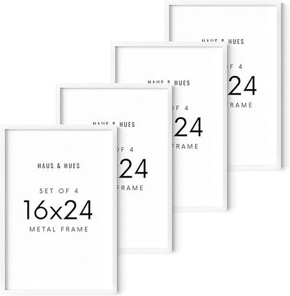 HAUS AND HUES 16x24 White Aluminum Frame Set of 4 - Premium Build, Vertical & Horizontal Hanging, Shatterproof Plexiglass (16x24 in, White)