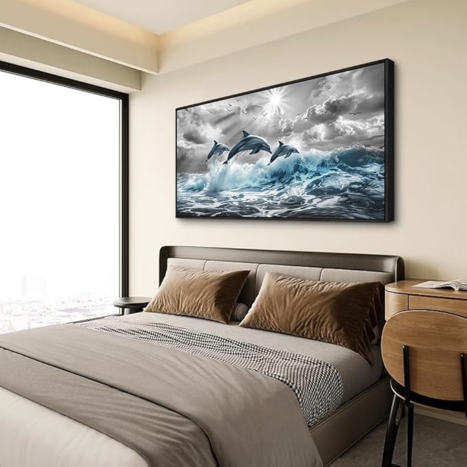 hyidecorart Wall Art For Living Room Large Wall Decor For Bedroom Modern Home Decoration Office Canvas Art Print Artwork Dolphins Seascape Wall Paintings Blue wave Pictures Black Framed 20X40