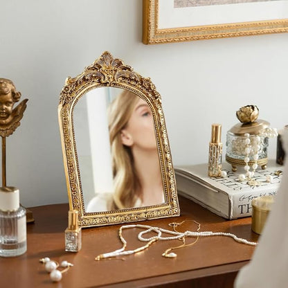 YUSONG Vintage Desk Mirror – 7" Gold Antique Tabletop Mirror with Resin Frame, Decorative Wall Art for Living Room Bedroom Vanity Desk Decor, Birthday Gift