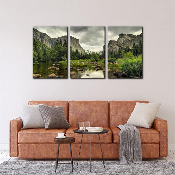 Yosemite National Park Canvas Wall Art Decor 3 Pieces Landscape Wall Art Clear Water Lake Mountain Pictures Painting Prints on Canvas Modern Decoration Stretched Framed Ready to Hang - 16"x24"x3 Panel