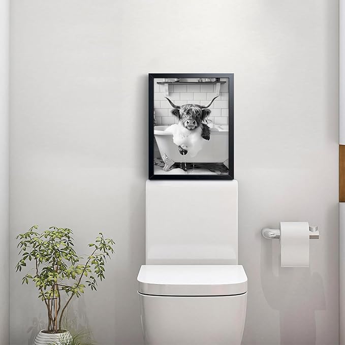 Highland Cow Bathroom Wall Art, Cute Black and White Animal Wall Decor Painting, Highland Cow in Bathtub Farmhouse Canvas Print Picture, Funny Bathroom Restroom Decor 16x24 Inch Wood Framed