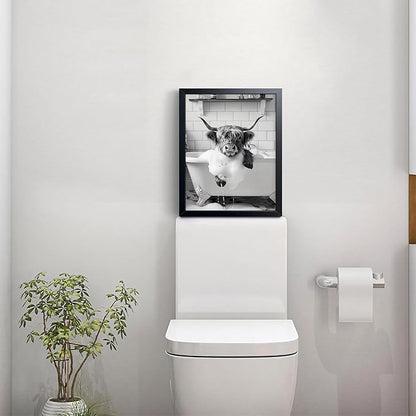 Highland Cow Bathroom Wall Art, Cute Black and White Animal Wall Decor Painting, Highland Cow in Bathtub Farmhouse Canvas Print Picture, Funny Bathroom Restroom Decor 16x24 Inch Wood Framed