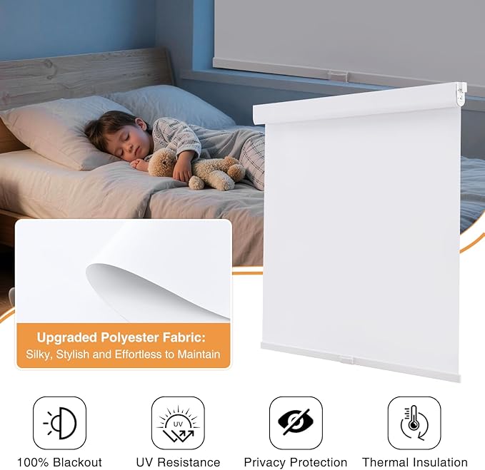 AOSKY No Drill Cordless Blackout Roller Shades with Valance,Customize Blinds for Indoor Windows,Room Darkening Window Shades Pull Down with Free-Stop Spring System, UV Protection for Home White