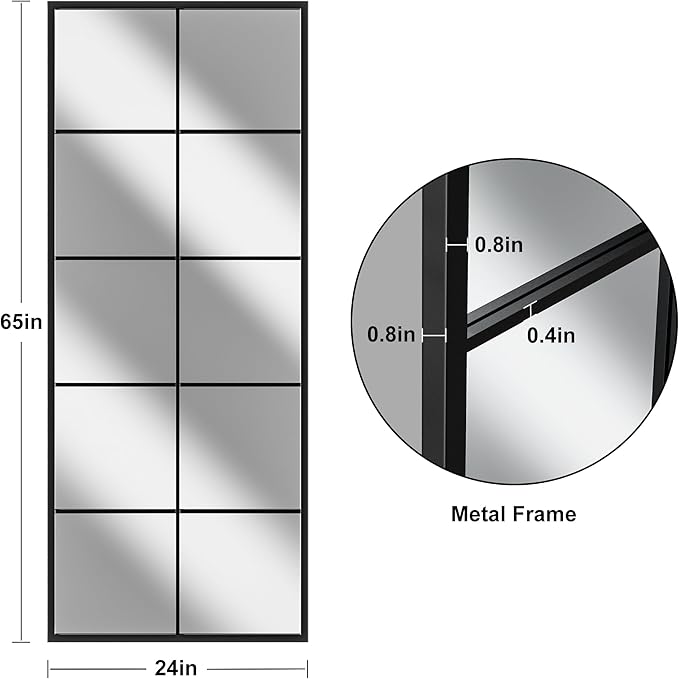 Prywot Full Length Mirror, 65"x24" Window Pane Mirror for Wall Decor, Black Full Body or Wall Mounted Mirrors, Farmhouse Standing Mirrors Hanging or Leaning for Living Room, Entryway, No Stand