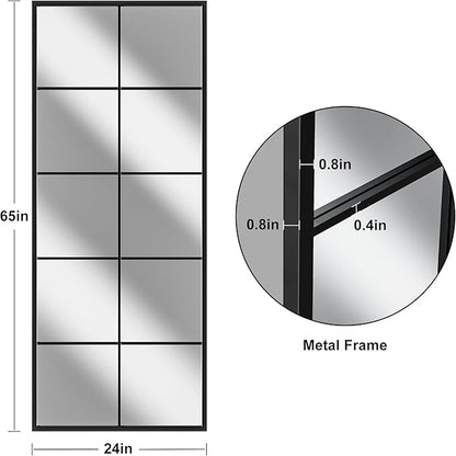 Prywot Full Length Mirror, 65"x24" Window Pane Mirror for Wall Decor, Black Full Body or Wall Mounted Mirrors, Farmhouse Standing Mirrors Hanging or Leaning for Living Room, Entryway, No Stand