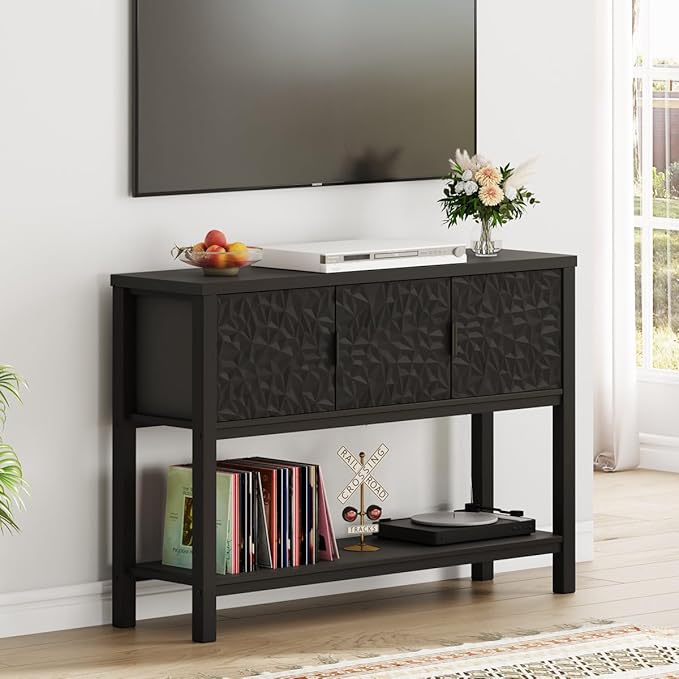 FATORRI Black Console Table with Storage, 47” Modern Farmhouse Entryway Table with 3 Doors, Sofa Table for Hallway, Living Room, Foyer