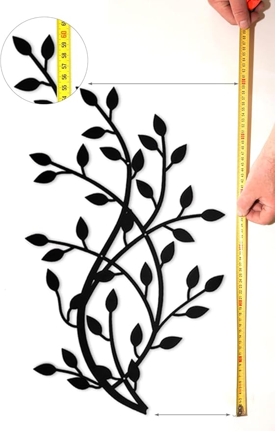 Meltset Metal Tree Leaf Wall Decor, Vine Olive Leaf Branch Wall Art, Black Metal Art, Wrought Iron Scroll Wall Decor, Decorative Wall Sculpture Above Bed, Living Room,Bathroom,Indoor Outdoor(L/Black)