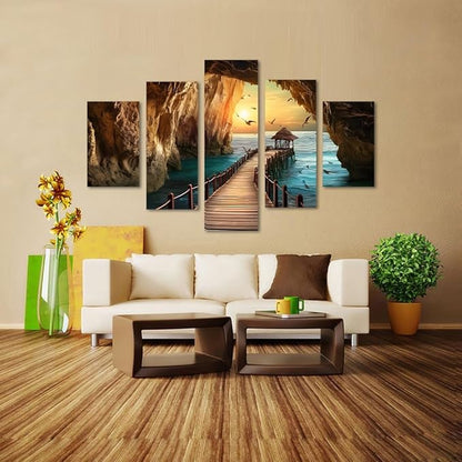Yatsen Bridge 5 Panels Sea Rocks Wall Art Ocean and Seagulls Pictures Seascape Paintings on Canvas Artwork for Living Room Bedroom Home Decor Wooden Framed Ready to Hang - 60''W x 40''H