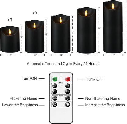 Nimiko Flameless Candles with Remote, Battery Operated Flickering Flameless Candles, LED Candles with Timer 2/4/6/8H, with Realistic LED Candles Set of 9 (D3 x H 3" 4" 5" 6" 7") (Black)
