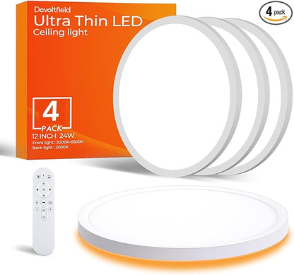 4Pack Dimmable LED Flush Mount Ceiling Light Fixture with Remote Control, 24W 2400LM, 12Inch, 2000K Warm Night Light & 3000K-6500K, Modern Super Slim Ceiling Lamp for Bedroom Kitchen, White