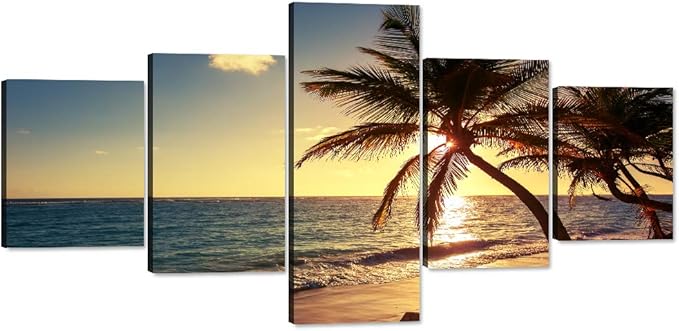 Beautiful Modern Ocean Paintings 5 Pieces Prints Blue Sea Clouds Canvas Wall Art Painting for Living room Home Decor As Gifts stretched and Framed Ready to Hang for Bedroom Wall(50’’W x 24’’H)