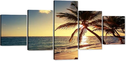 Beautiful Modern Ocean Paintings 5 Pieces Prints Blue Sea Clouds Canvas Wall Art Painting for Living room Home Decor As Gifts stretched and Framed Ready to Hang for Bedroom Wall(50’’W x 24’’H)