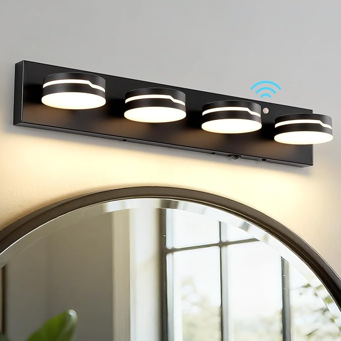 26In Motion Sensor Vanity Light, Matte Black 3CCT 4-Light Modern LED Bathroom Lighting Fixtures Over Mirror, Dimmable Rotatable Head Wall Sconce, 3000K-6000K Color Selectable