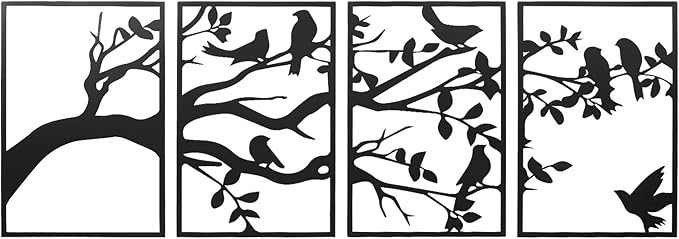AMAATE Modern Abstract Wall Art Set, Black Metal Wall Decoration, 4-piece Hollow Iron Geometry Art for Living Room Home Decoration (Decorative Art, Tree of Life, 17.7 "X 26.4")