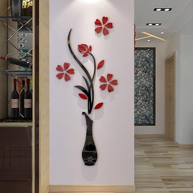 3D Vase Wall Murals for Living Room Bedroom Sofa Backdrop TV Background, Originality Stickers Gift, DIY Wall Decal Decor (Red, 47 X 18 Inches)