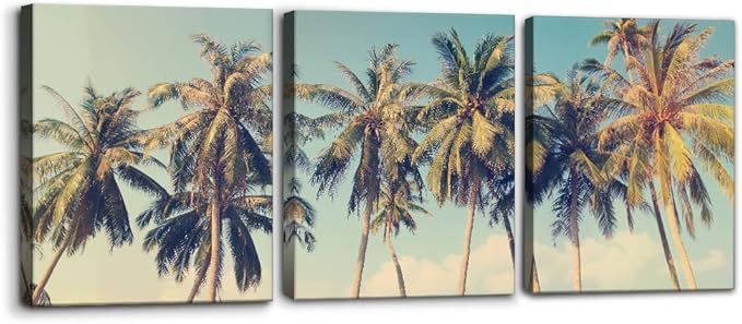 Pacimo Canvas Print Wall Art Set Row of California Palm Trees & Blue Sky Nature Wilderness Photography Realism Chic Scenic Seaside Landscape Pictures Giclee Artwork Stretched Framed - 12"x16"x3 Panels