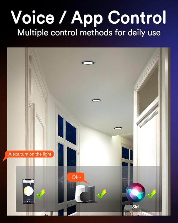 Lumary Black Smart WiFi Recessed Lights 4 Inch, Ultra-Thin LED Recessed Lights with J-Box, 9W 780LM Dimmable Canless Wafer Downlight, Works with Alexa/Google Assistant/BT Remote, ETL Listed, 1 Pack