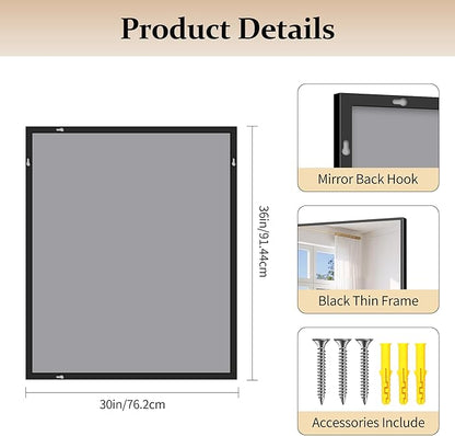 COFENY Black Bathroom Mirror for Wall, 30x36 Inch Rectangle With Metal Frame, Modern Vanity for Bathroom Living Room, Entryway Hangs Horizontal or Vertical
