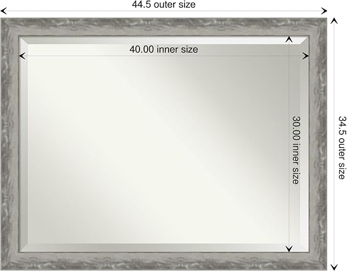 Amanti Art Silver Bathroom Mirror for Over Sink, 35x45 Waveline Silver Narrow Rectangle Vanity Mirror, X-Large Casual Frame, Hangs Horizonally and Vertically, Bathroom Wall Decor, Beveled Edge