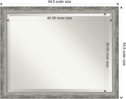 Amanti Art Silver Bathroom Mirror for Over Sink, 35x45 Waveline Silver Narrow Rectangle Vanity Mirror, X-Large Casual Frame, Hangs Horizonally and Vertically, Bathroom Wall Decor, Beveled Edge