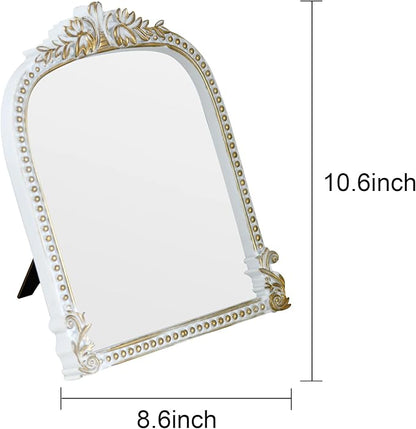 Antique White Plastic Arched Makeup Mirror, Standing, Hanging or Wall Mount, Bathroom, Living Room, Bedroom White and Gold Decorative Mirror (10.6 x 8.6 inch)