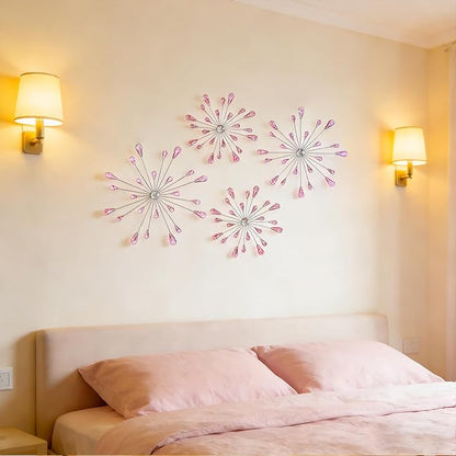 ZEXUIRU 4 Pcs Pink Starburst Wall Decor Metal Bling Wall Art Crystal Accents 3D Modern Decoration Glam Hanging Sculptures for Living Room Bedroom Office Teen Girl Room – Easy to Hang Home Decor Set