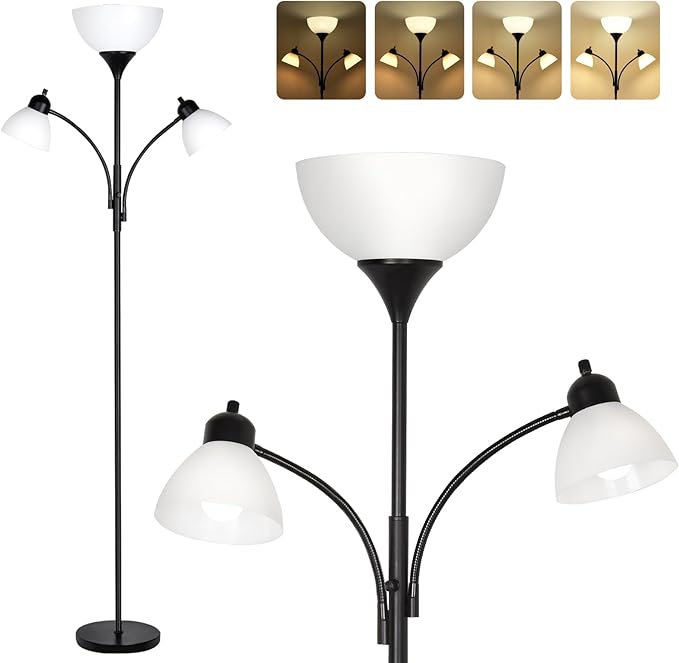RISLG Floor Lamps for Living Room,Standing Lamp with Stepless Dimming, 3 Lights Adjustable Reading Lights, Morden Tall Lamps for Living Room, Bedroom, Office