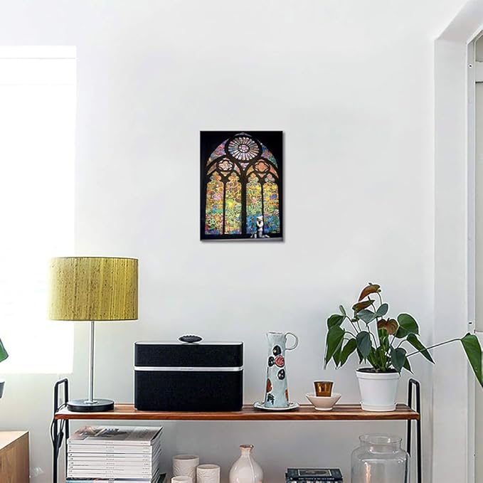 Stained Glass Church Graffiti Wall Art Praying Boy In Cathedral Canvas Picture Art Print Poster and Print Wall Decor for Living Room Modern Home Decor Framed Easy to Hang(12''W x 16''H)