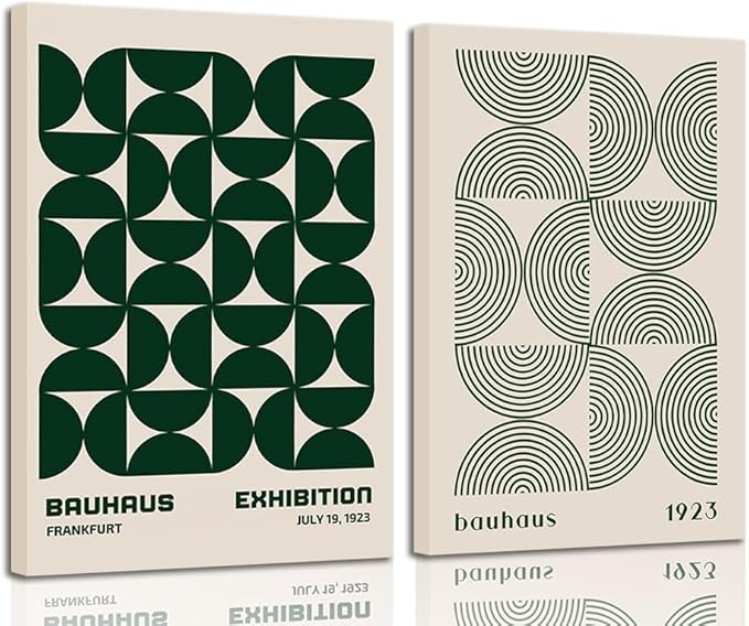 2Pcs Bauhaus Mid Century Modern Wall Art Retro Exhibition Posters Prints Green Boho Geometric Abstract Minimalist Wall Decor Pictures for Bedroom iving Room Dining Room Framed (Green, 16x24in Framed)