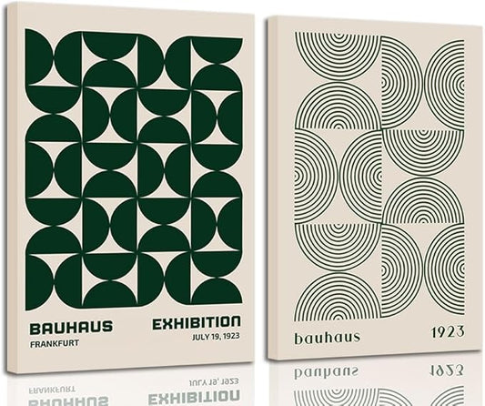 2Pcs Bauhaus Mid Century Modern Wall Art Retro Exhibition Posters Prints Green Boho Geometric Abstract Minimalist Wall Decor Pictures for Bedroom iving Room Dining Room Framed (Green, 16x24in Framed)