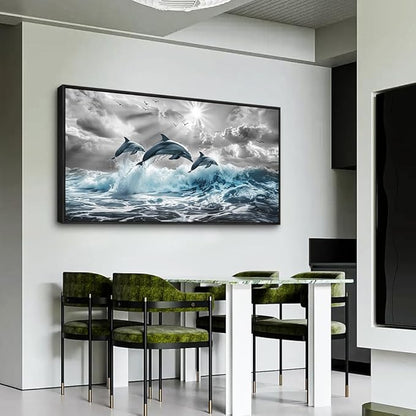 hyidecorart Black Framed Wall Art For Living Room Large Wall Decoration For Bedroom Modern Home Decor Office Canvas Art Print Artwork Dolphins Seascape Wall Paintings Blue wave Pictures 30X60