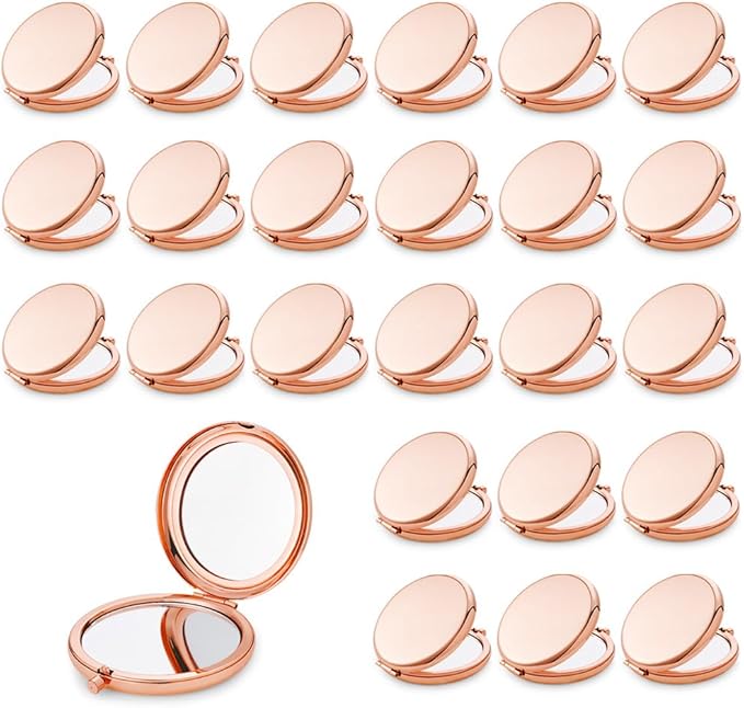 Compact Mirror for Purse, Metal Round Shell, Double-Sided 1X/2X Magnifying, Portable Travel Small Makeup Mirror, Mini Pocket Mirror, Rose Gold, 24 Packs