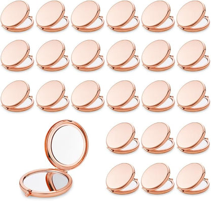 Compact Mirror for Purse, Metal Round Shell, Double-Sided 1X/2X Magnifying, Portable Travel Small Makeup Mirror, Mini Pocket Mirror, Rose Gold, 24 Packs