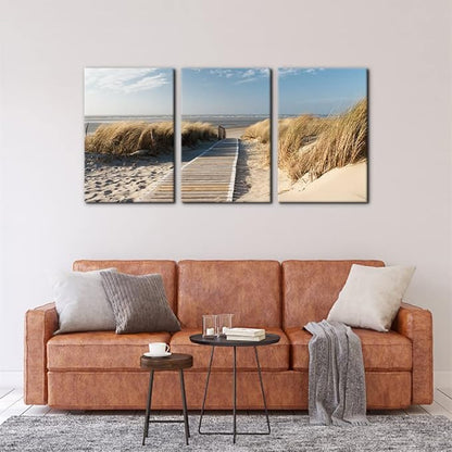 Pacimo Coastal Beach Canvas Wall Art - Pathway to Shoreline Artwork Painting for Home Wall Decor Oceanside Sea Grass Modern Artwork Prints on Canvas Framed Ready to Hang - 16"x24"x3 Panel