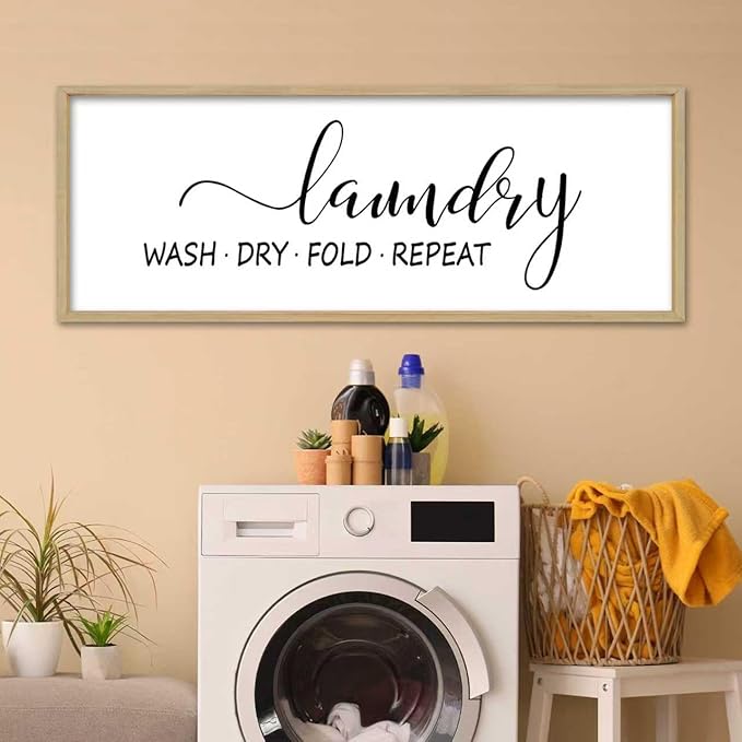 Laundry Room Wall Decor Sign 32"×12" Bathroom Laundry Rules Wash Dry Fold Repeat Large Wood Framed Wall Hanging Art (Wood)