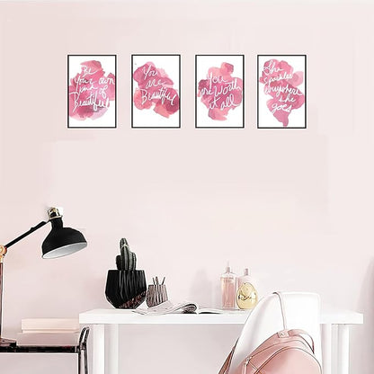 Set of 4 Framed Motivational Wall Art Quote Pink Woman's Room Home Decor, Canvas Painting Posters Print Pictures Positive Words for Office Bedroom Decoration