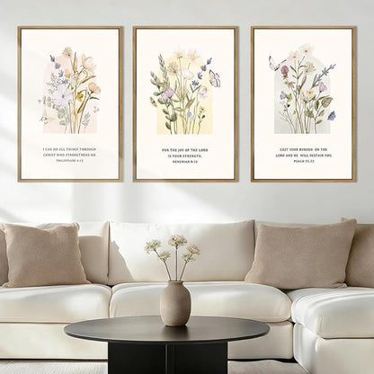 IARTTOP Extra Large Christian Easter Wall Art Framed 24x36 Inch Floral Bible Verse Scripture Art Prints Minimalist Botanical Wildflower Religious Canvas Wall Decor for Living room Bedroom Set of 3