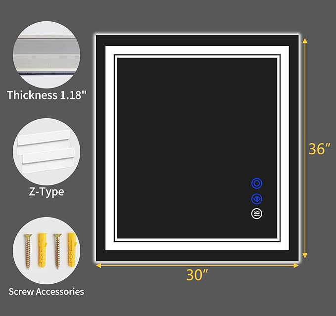 36"x30" LED Bathroom Mirror with Anti-Fog, Stepless Dimmable Lights, 3 Color Modes, Shatter-Proof Tempered Glass,Waterproof Design