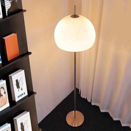 Contemporary Frosted Glass Floor Lamp Mushroom Dome Shaped Art Deco Standing Lamp Tall Bauhaus Lamp Mid-Century Modern Floor Light for Living Room Bedroom - Silver Base
